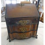 APPRENTICE PIECE ROSEWOOD BOMBE BUREAU WITH FALL FRONT OVER 3 GRADUATED DRAWERS 45CM TALL