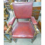 LATE 19TH CENTURY OAK OPEN ARMCHAIR ON TURNED SUPPORTS