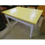 FORMICA TOPPED PAINTED KITCHEN TABLE ON TURNED SUPPORTS Condition Report: L: