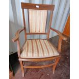 LATE 19TH CENTURY INLAID MAHOGANY OPEN ARMCHAIR ON GLAZED SUPPORTS