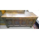 LATE 18TH OR EARLY 19TH CENTURY OAK COFFER WITH 4 PANEL CARVED FRONT,