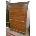 OAK 19TH CENTURY CHEST ON CHEST WITH DENTIL CORNICE OVER 2 SHORT & 6 LONG DRAWERS,