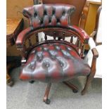 RED LEATHER BUTTON BACK & MAHOGANY SWIVEL OFFICE ARMCHAIR