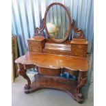 19TH CENTURY WALNUT DRESSING TABLE WITH 2 SETS OF 3 DRAWERS & OVAL MIRROR ON SHAPED SUPPORTS,