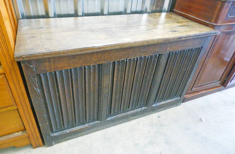 19TH CENTURY OAK COFFER WITH SHAPED PANEL FRONT 122CM LONG