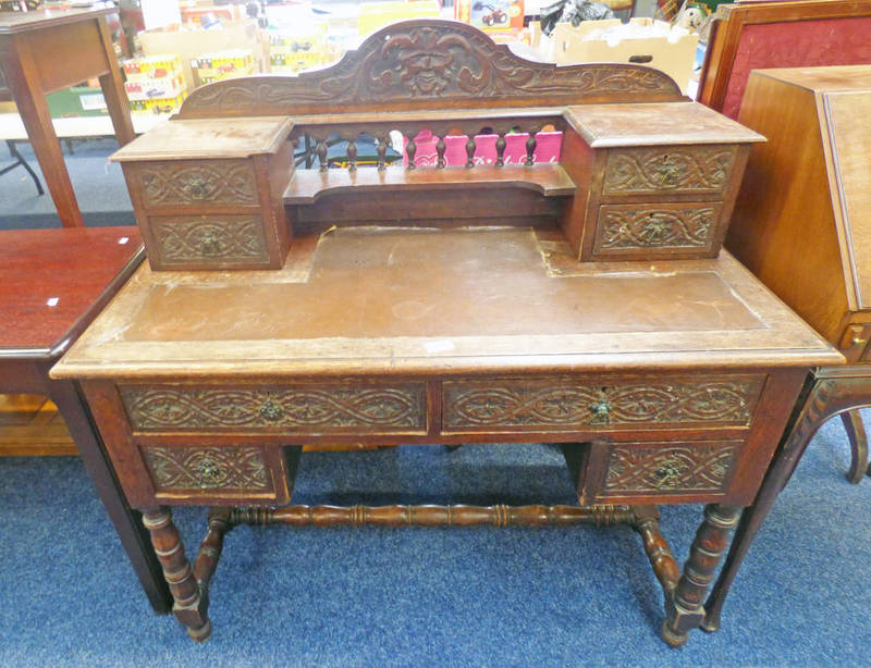 LATER 19TH CENTURY OAK DESK WITH LEATHER INSET TOP,