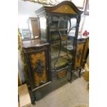 LATE 19TH CENTURY INLAID MAHOGANY DISPLAY CASE WITH GLAZED DOOR FLANKED BY PANEL DOORS ON SHAPED