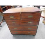 19TH CENTURY BRASS BOUND MAHOGANY CAMPAIGN CHEST WITH CARRYING HANDLES ON BUN FEET - 102 CM WIDE