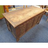 EARLY 19TH CENTURY OAK COFFER WITH 4 CARVED PANEL FRONT Condition Report: Wood worm