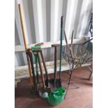 SMALL SELECTION OF GARDEN TOOLS INCLUDING SHOVELS, FORKS,