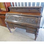 19TH CENTURY CARVED OAK BUREAU WITH FALL FRONT OVER 5 DRAWERS ON TURNED SUPPORTS 119CM TALL