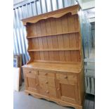 PINE DRESSER WITH PLATE RACK BACK OVER DRAWERS & CUPBOARD,