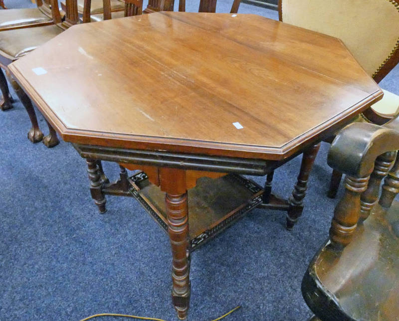 WALNUT OCTAGONAL CENTRE TABLE ON TURNED SUPPORTS