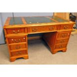 20TH CENTURY YEW WOOD TWIN PEDESTAL DESK WITH LEATHER INSET TOP