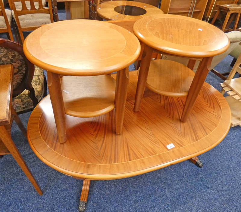 OVAL MAHOGANY COFFEE TABLE & PAIR TEAK CIRCULAR TABLES