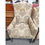 LATE 19TH CENTURY MAHOGANY FRAMED ARMCHAIR ON SQUARE SUPPORTS 116CM TALL