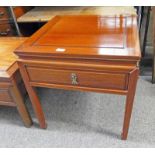 MAHOGANY SQUARE TOPPED ORIENTAL TABLE WITH DRAWER,