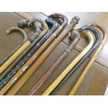 SELECTION OF 10 WALKING STICKS INCLUDING HORN HANDLED, EBONY,