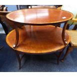 OVAL MAHOGANY 2 TIER STAND WITH BOXWOOD & SATINWOOD CROSS BANDING & INLAY CIRCA 1900