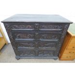 18TH CENTURY OAK CHEST WITH 4 DRAWERS & CARVED DECORATION LENGTH 108CMS HEIGHT 94CMS