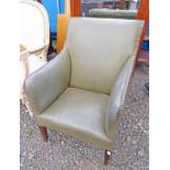 GREEN LEATHER & OAK OFFICE ARMCHAIR ON SQUARE SUPPORTS