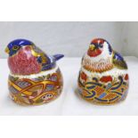 TWO ROYAL CROWN DERBY PORCELAIN PAPERWEIGHTS INCLUDING GOLDFINCH NESTING TOGETHER WITH BULLFINCH