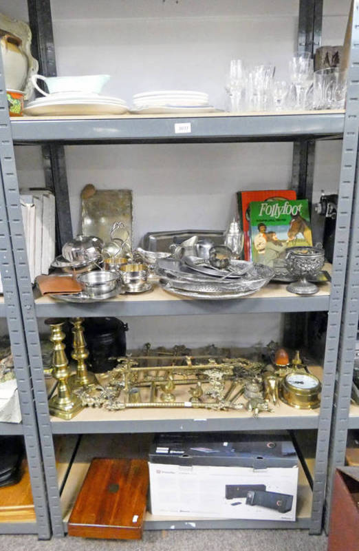 SELECTION OF PORCELAIN GLASS, EP GLASS ETC TO INCLUDE A PAIR OF BRASS EASELS, BRASS CANDLE STICKS,