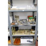SELECTION OF PORCELAIN GLASS, EP GLASS ETC TO INCLUDE A PAIR OF BRASS EASELS, BRASS CANDLE STICKS,