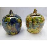 2 19TH CENTURY ROSSLYN POTTERY GREEN & BLUE GLAZED POTTERY MONEY BANKS - 10CM TALL