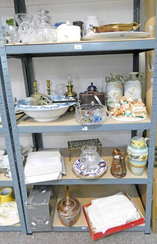 SELECTION OF PORCELAIN AND GLASS TO INCLUDE WEDGWOOD JUG, NIPOLE BINOCULARS, COPPER KETTLE,