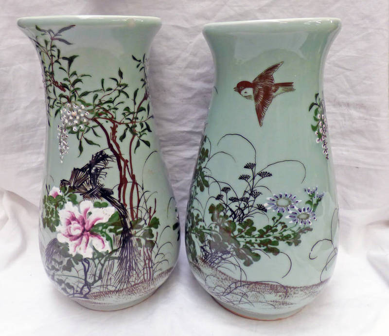 PAIR OF CHINESE CELADON STYLE VASES DECORATED WITH FLOWERS - 31CM TALL