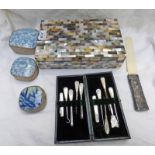CASED MOTHER OF PEARL HANDLED MANICURE SET, 3 CHINESE WHITE METAL LIDDED BOXES,