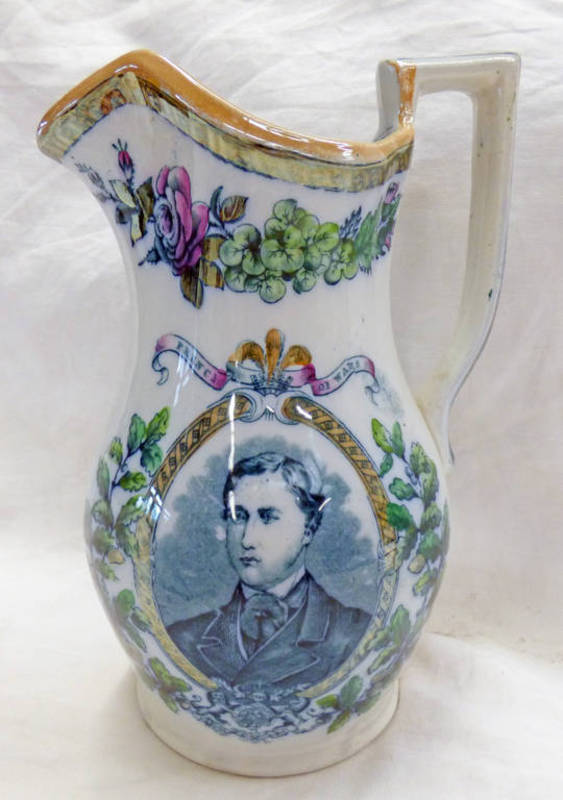 19TH CENTURY BELLS SCOTTISH POTTERY COMMEMORATIVE JUG DEPICTING PRINCE OF WALES & PRINCESS