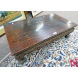 19TH CENTURY CHINESE HARDWOOD LOW TABLE WITH CARVED DECORATION ON BALL & CLAW SUPPORTS - 75CM