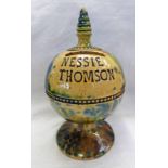 19TH CENTURY ROSSLYN POTTERY MONEY BANK MARKED FOR NESSIE THOMSON - 18CM TALL