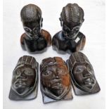 PAIR OF AFRICAN HARDWOOD BUSTS & SET OF 3 AFRICAN HARDWOOD WALL MASKS