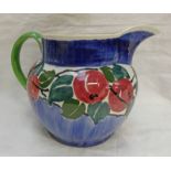 SCOTTISH ARTS & CRAFTS BOUGH POTTERY BLUE JUG DECORATED WITH CHERRIES BY ELIZABETH AMOUR - 16 CM