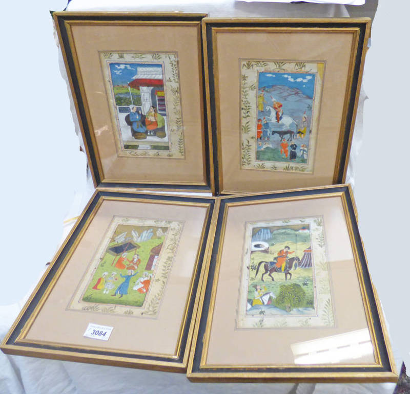 SET OF 4 FRAMED 19TH CENTURY ISLAMIC WATERCOLOURS OF HUNTING SCENES,