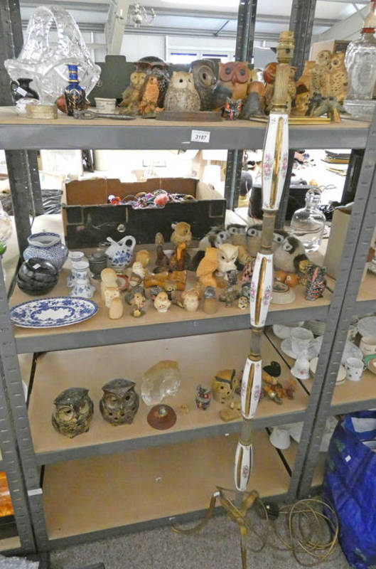SELECTION OF ORNAMENTS ETC TO INCLUDE SEVERAL OWL ORNAMENTS, CUT GLASS BASKET, PEWTER LIDDED JUG,