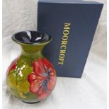 MOORCROFT SQUAT BALUSTER VASE WITH 'HIBISCUS' PATTERN, IMPRESSED MARKS TO BASE, BOXED,