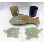 2 CHINESE GREEN HARDSTONE POTS,