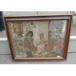 19TH CENTURY SEWNWORK PICTURE OF LADY & GENTLEMAN & BOY IN TARTAN TROUSERS 49 X 66CM