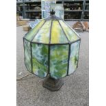 LEADED GLASS TABLE LAMP Condition Report: One of the panes has a large chip and a