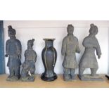 4 CHINESE TERRACOTTA ARMY STYLE FIGURES & BLACK GLAZED CHINESE POTTERY BALUSTER VASE WITH INCISED