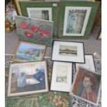 3 FRAMED ETCHINGS, OIL PAINTINGS,