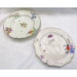 2 18TH CENTURY WORCESTER PORCELAIN DISHES DECORATED WITH FLOWERS & RELIEF MOULDED DECORATION -