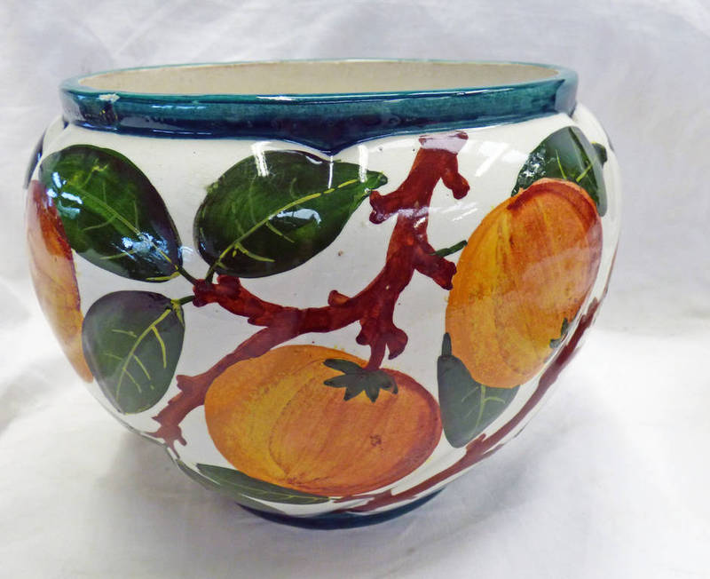 WEMYSS WARE JARDINIERE DECORATED WITH ORANGES, WITH IMPRESSED MARK & RETAILERS STAMP FOR T.