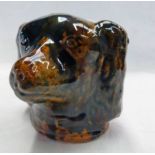 19TH CENTURY ROSSLYN POTTERY GLAZED DOGS HEAD PENNY BANK - 10CM TALL