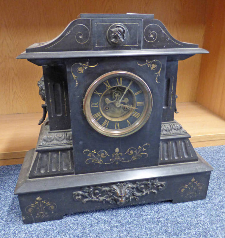 19TH CENTURY SLATE MANTLE CLOCK WITH GILT DECORATION & OPEN ESCAPEMENT.