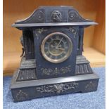 19TH CENTURY SLATE MANTLE CLOCK WITH GILT DECORATION & OPEN ESCAPEMENT.